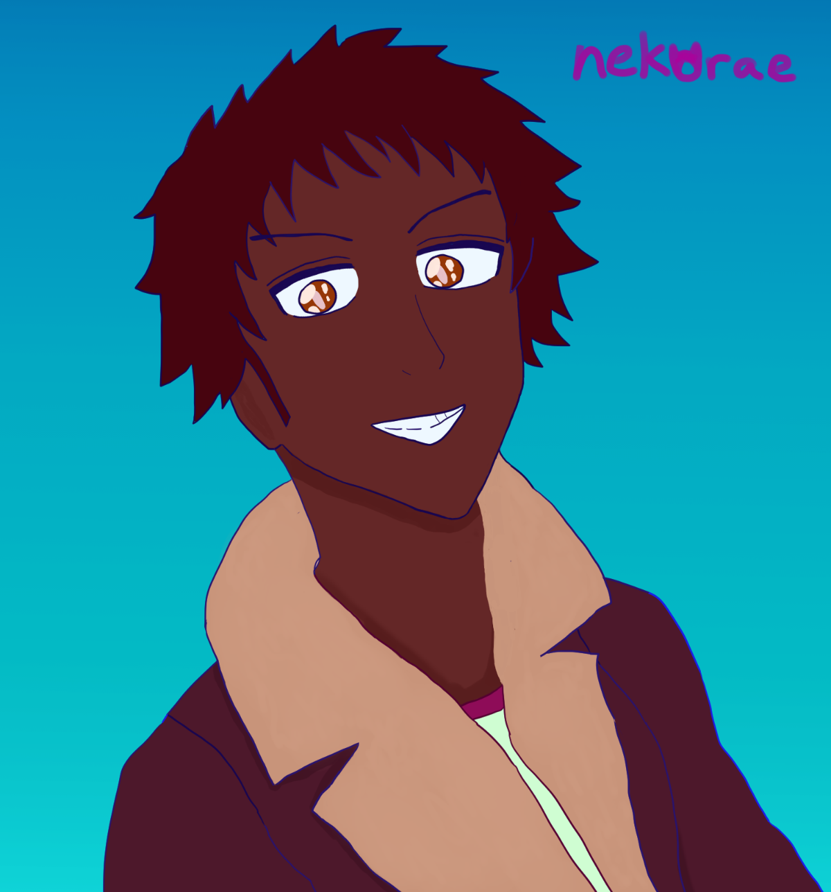 Nekorae has dark skin, dark brown short scruffy hair, bright brown eyes, and a bright grin. He's wearing a brown aviator jacket with sepia-colored fluff. It says neokorae at the top right and the background is sky blue.